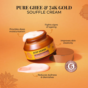 Just Herbs 24K Gold with Pure Ghee Souffle Day Cream for Deep Nourish Moisturising Anti Ageing | Improve Skin Elasticity | Reduce Dullness | Non Sticky | All Skin Types Moisturiser for Women 50ml